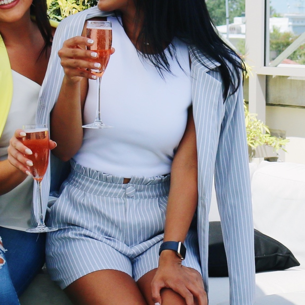 Blue and white striped blazer and short set